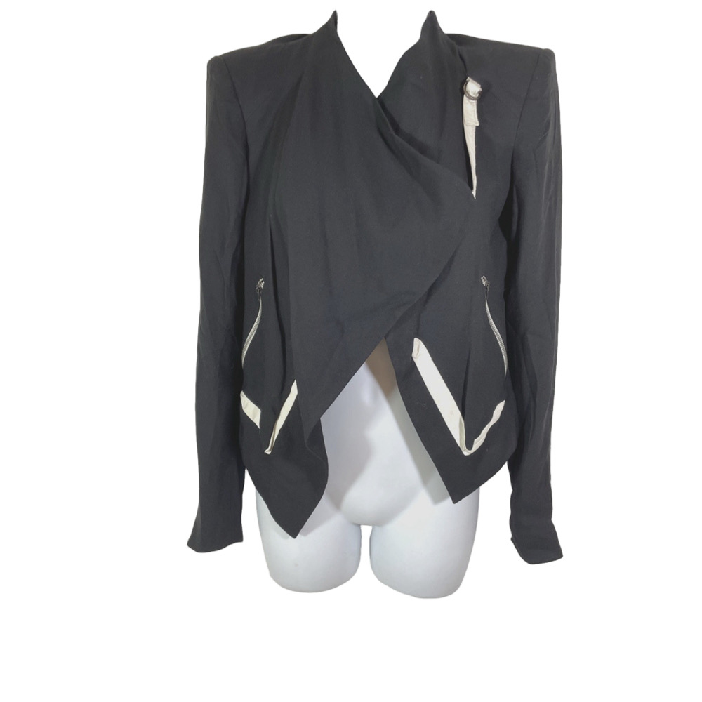 Helmut for Intermix Crop Asymmetric Black Jacket Leather Trim Zip Pockets Sz 0